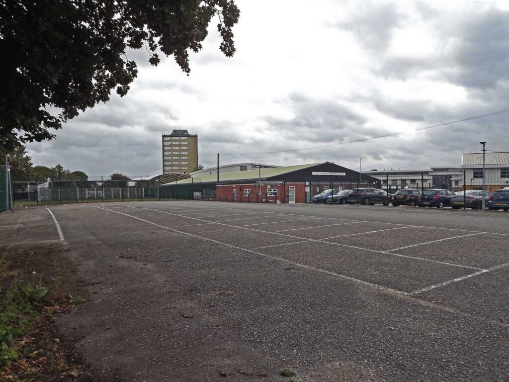 The large car park at Ilford Indoor Bowls Club