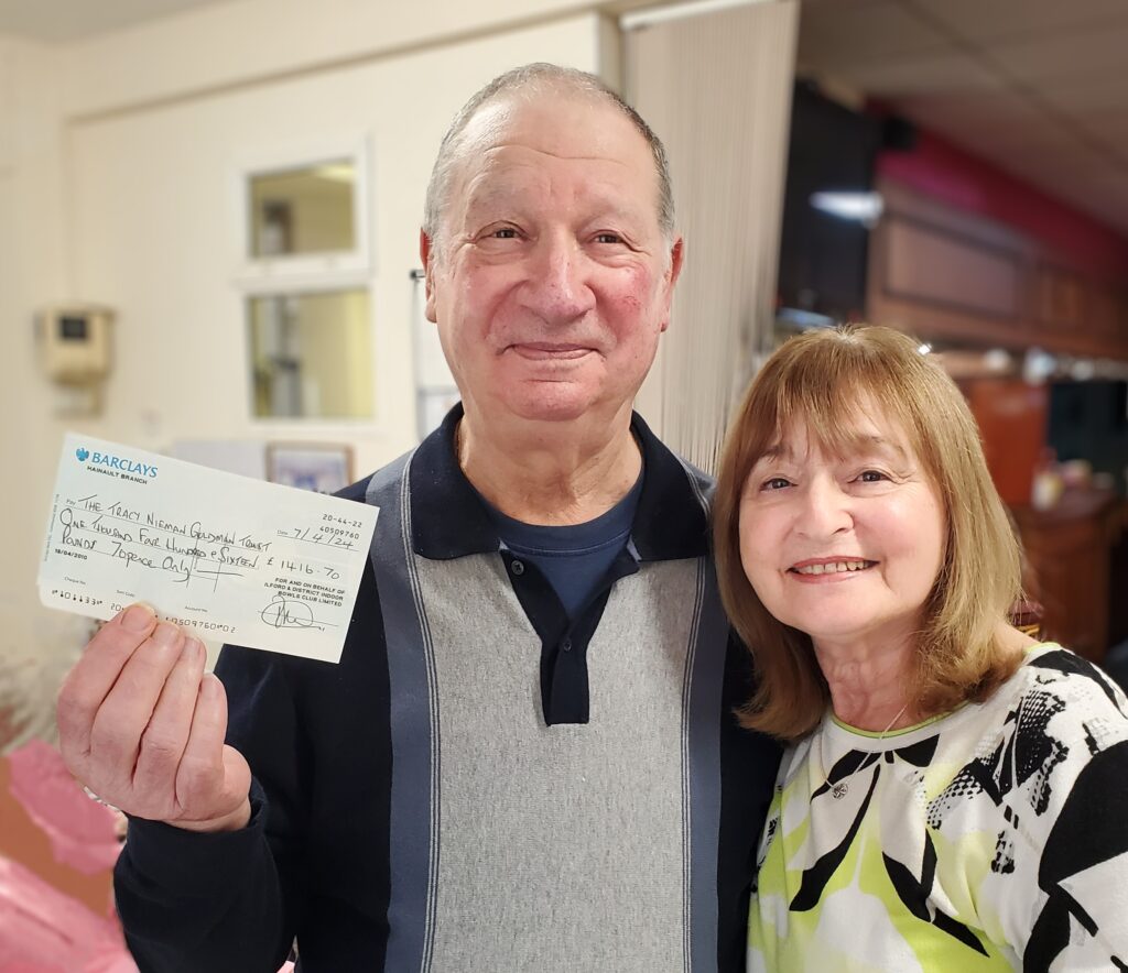 Stuart and Marilyn Nieman accepting a cheque for £1416.70 at the 2024 Ilford Bowling Club AGM